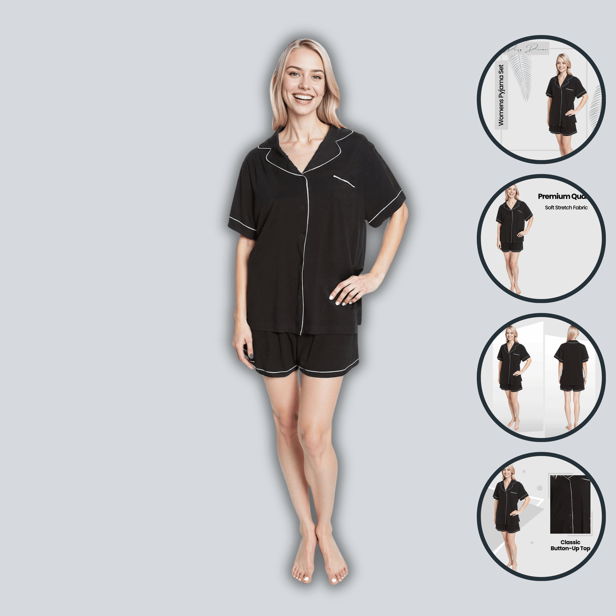 Daisy Dreamer Black Short Pyjama Set - Soft Button-Up Top & Shorts with Pockets