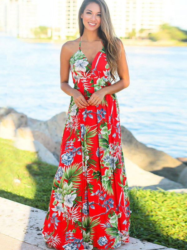 Women's Fashion Colourful Sling Print Beach Vacation Dress | 15 Colours Red