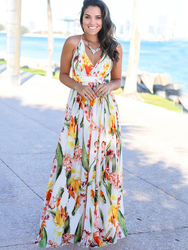 Women's Fashion Colourful Sling Print Beach Vacation Dress | 15 Colours White