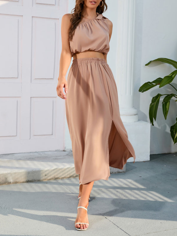 Women's Fashion Slanted Shoulder Bow Knot Top Two-Piece Skirt Top Co-ord Set