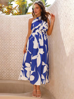 Women's One Shoulder Slim Waist Strapless Backless Belted Dress | 10 Designs Blue & White