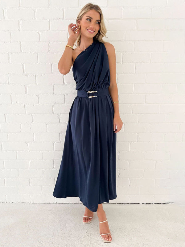 Women's One Shoulder Slim Waist Strapless Backless Belted Dress | 10 Designs