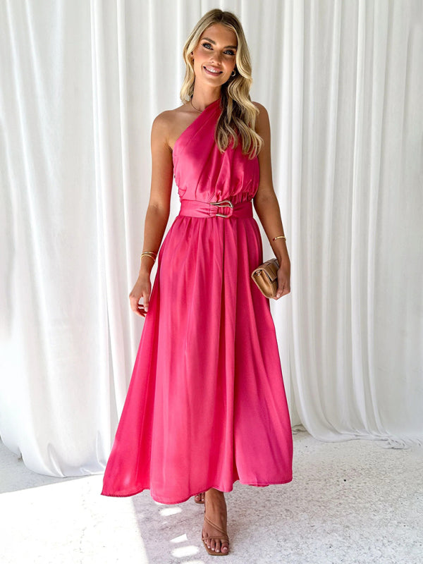 Women's One Shoulder Slim Waist Strapless Backless Belted Dress | 10 Designs