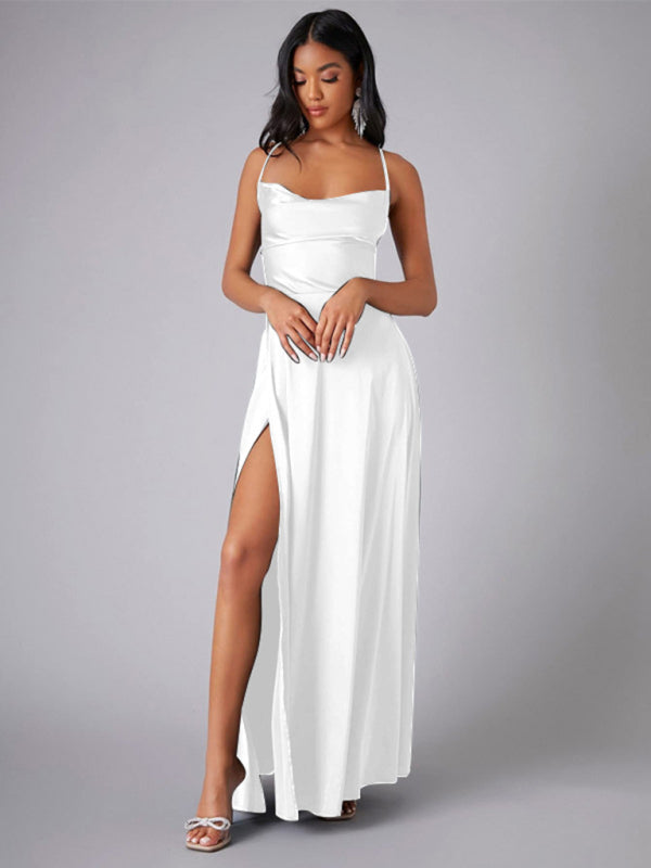 Women's Sexy Slim fit Backless Spaghetti Strap Cowl Neck Dress White