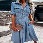 Women's Single-breasted Lapel Slim-fit Short-sleeved Summer Denim Dress