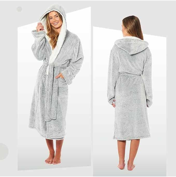 Daisy Dreamer Shimmer Grey Fleece Hooded Robe - Soft Plush Dressing Gown