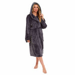 Daisy Dreamer Plush Fleece Hooded Robe - Soft Velvet Winter Dressing Gown CHARCOAL