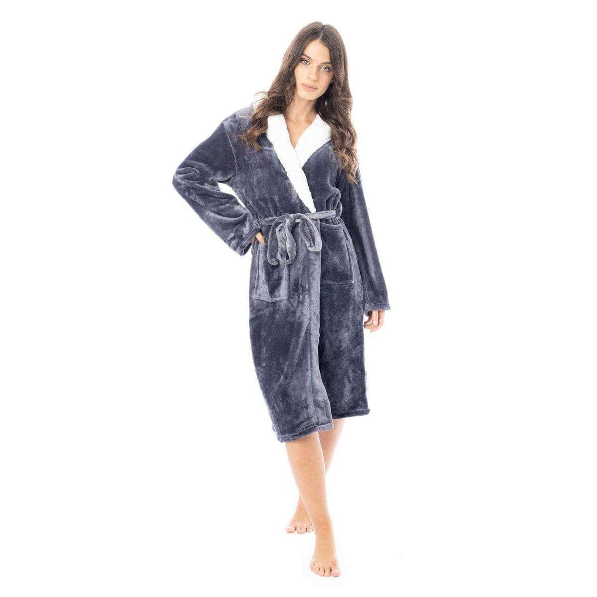Daisy Dreamer Plush Fleece Hooded Robe - Soft Velvet Winter Dressing Gown CHARCOAL SHERPA HOOD