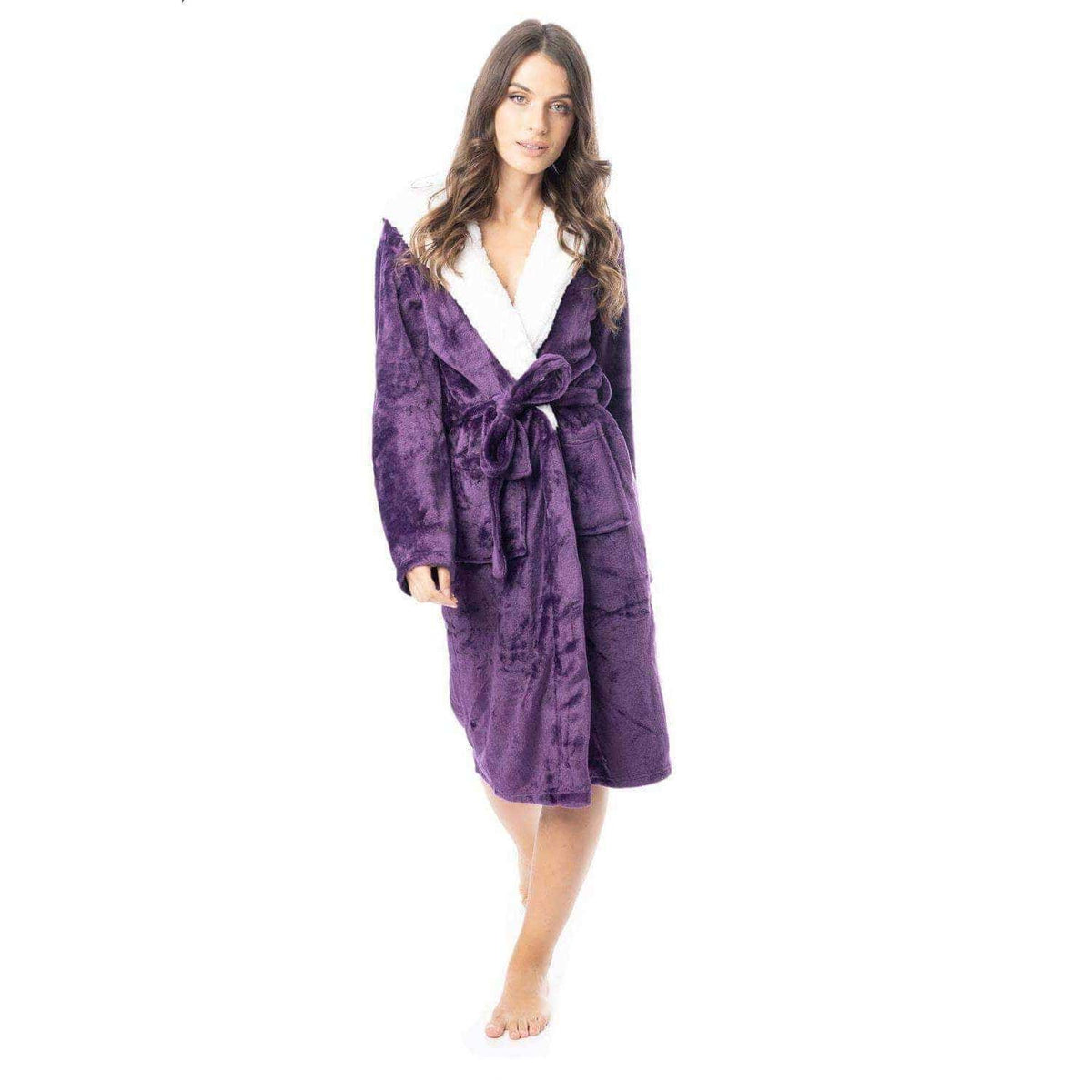 Daisy Dreamer Plush Fleece Hooded Robe - Soft Velvet Winter Dressing Gown PURPLE SHERPA HOOD