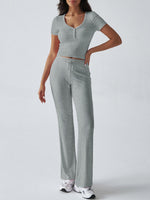 Women's Y2K sports casual style U-neck T-shirt trousers knitted two-piece suit Flecking gray