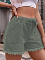 Womens Elastic Waist Drawstring Casual High Waist Raw Edge Denim Shorts