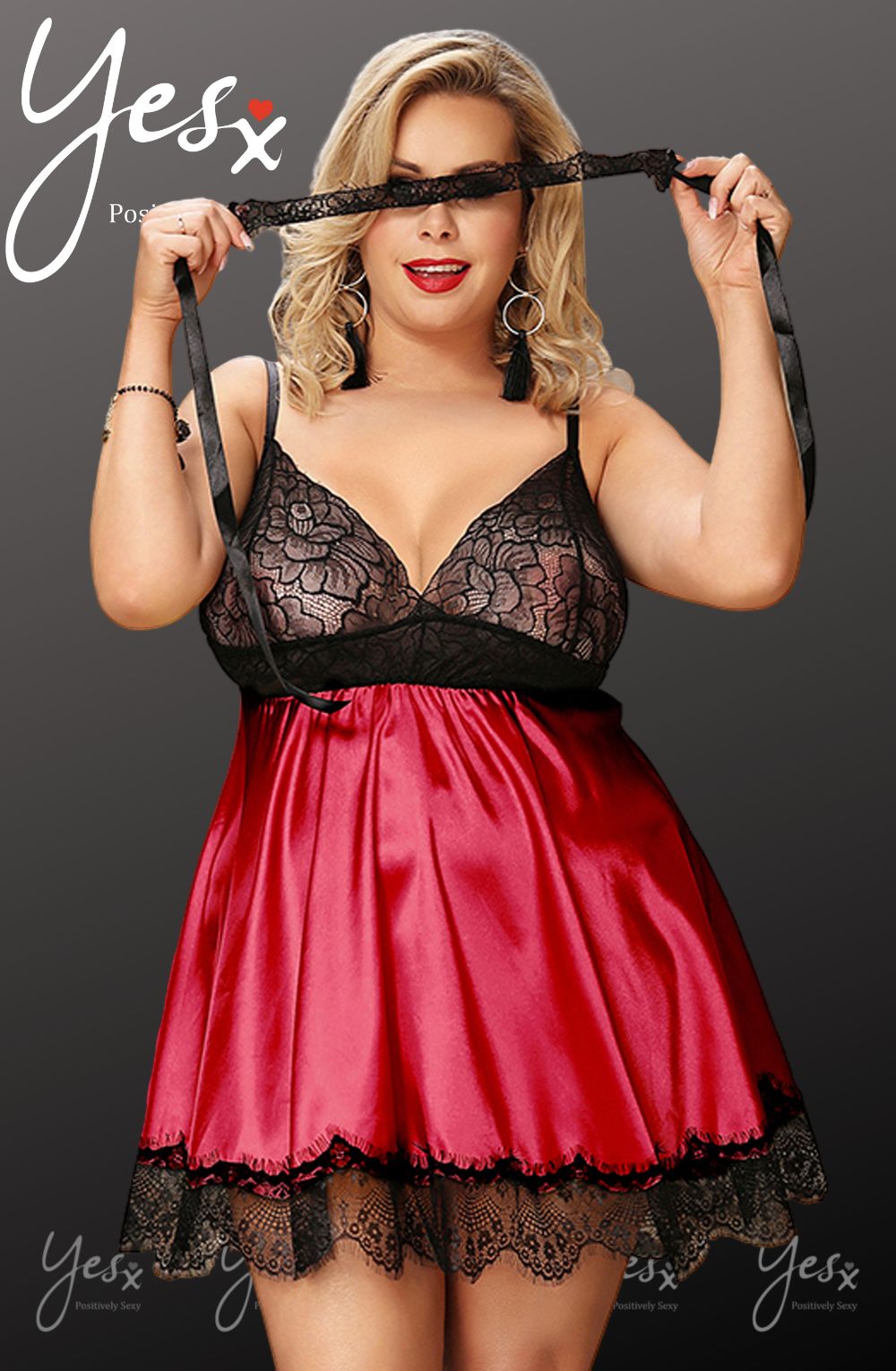 YesX Plus Size Babydoll & Blindfold Black Lace & Red Satin