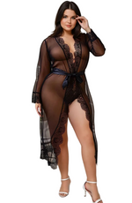 YesX Plus Size Sheer Black Lace Trim Long Robe with Satin Tie