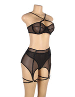 YesX Three Piece Mesh Bra Lingerie Set Black