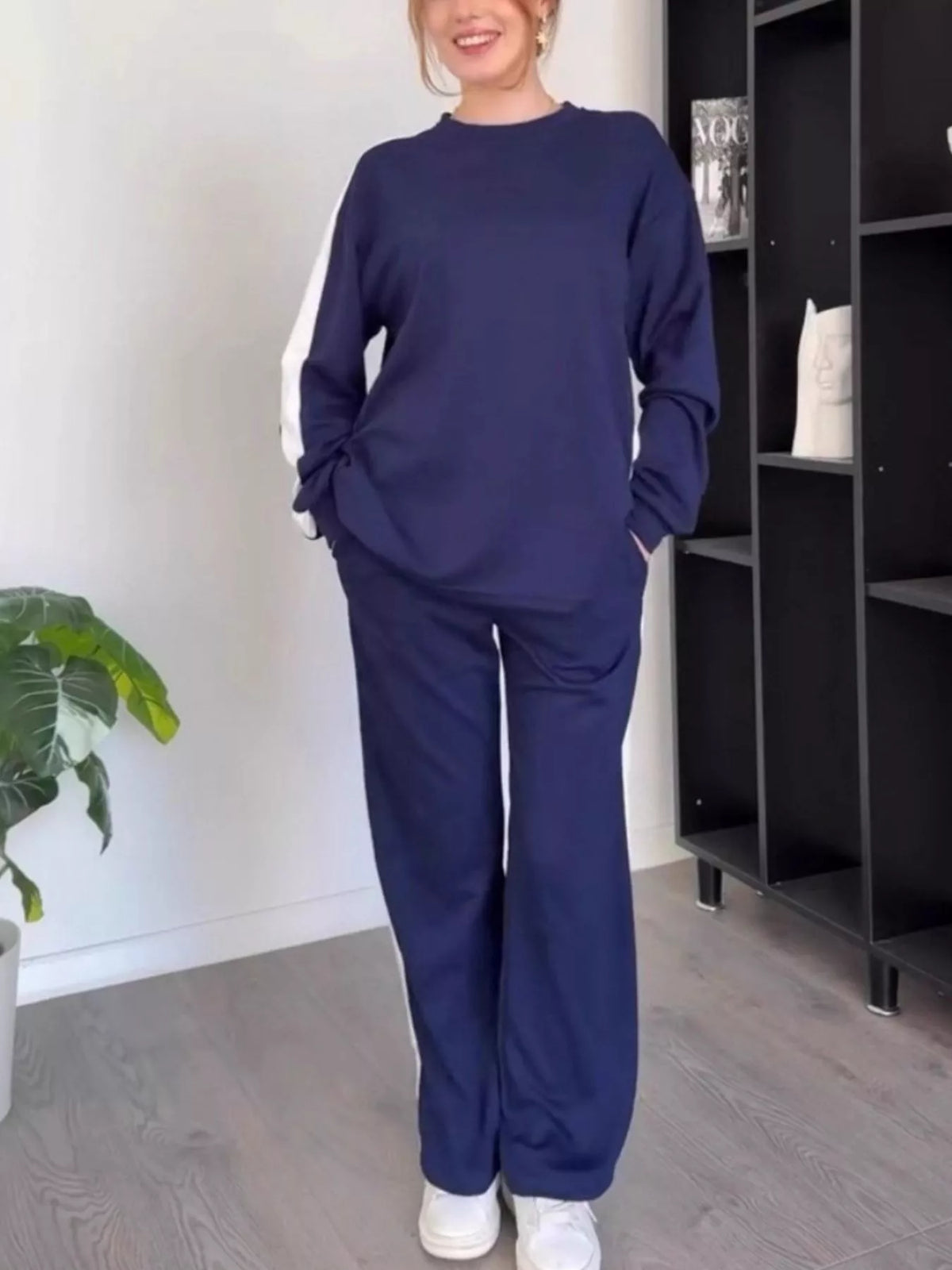 Full Size Contrast Round Neck Top and Pants Loungewear Set Dark Blue