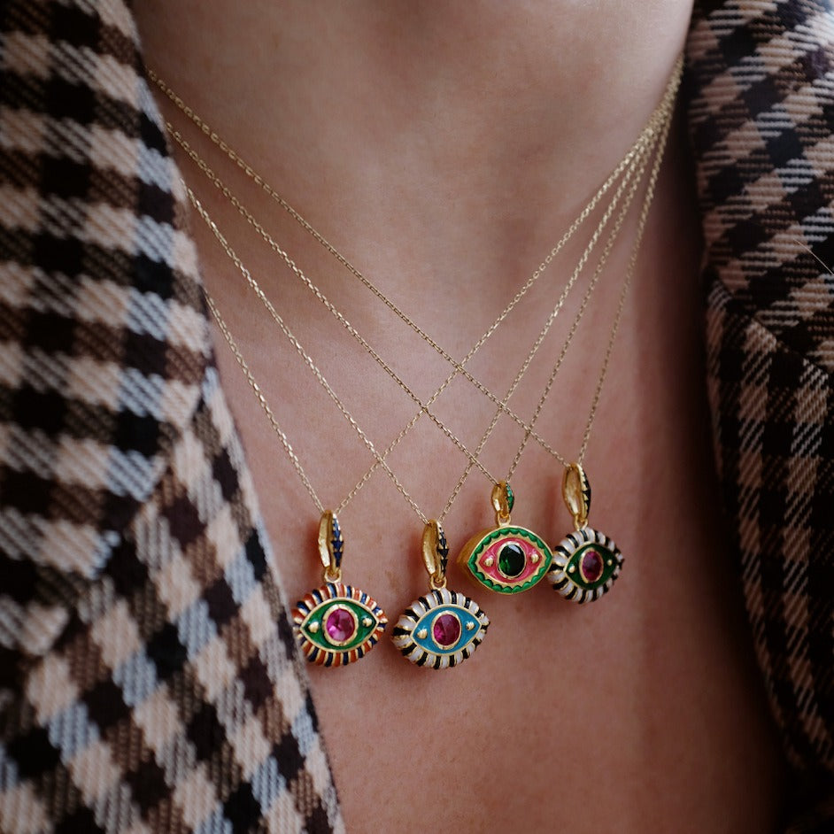 18K Gold Evil Eye Inlaid Gemstone Necklace