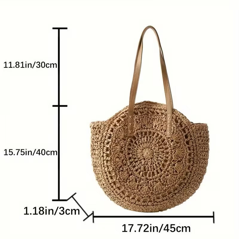 Classic Woven Round Raffia Tote Bag — Patterned Beige Women's Summer Bag – alternate view 4