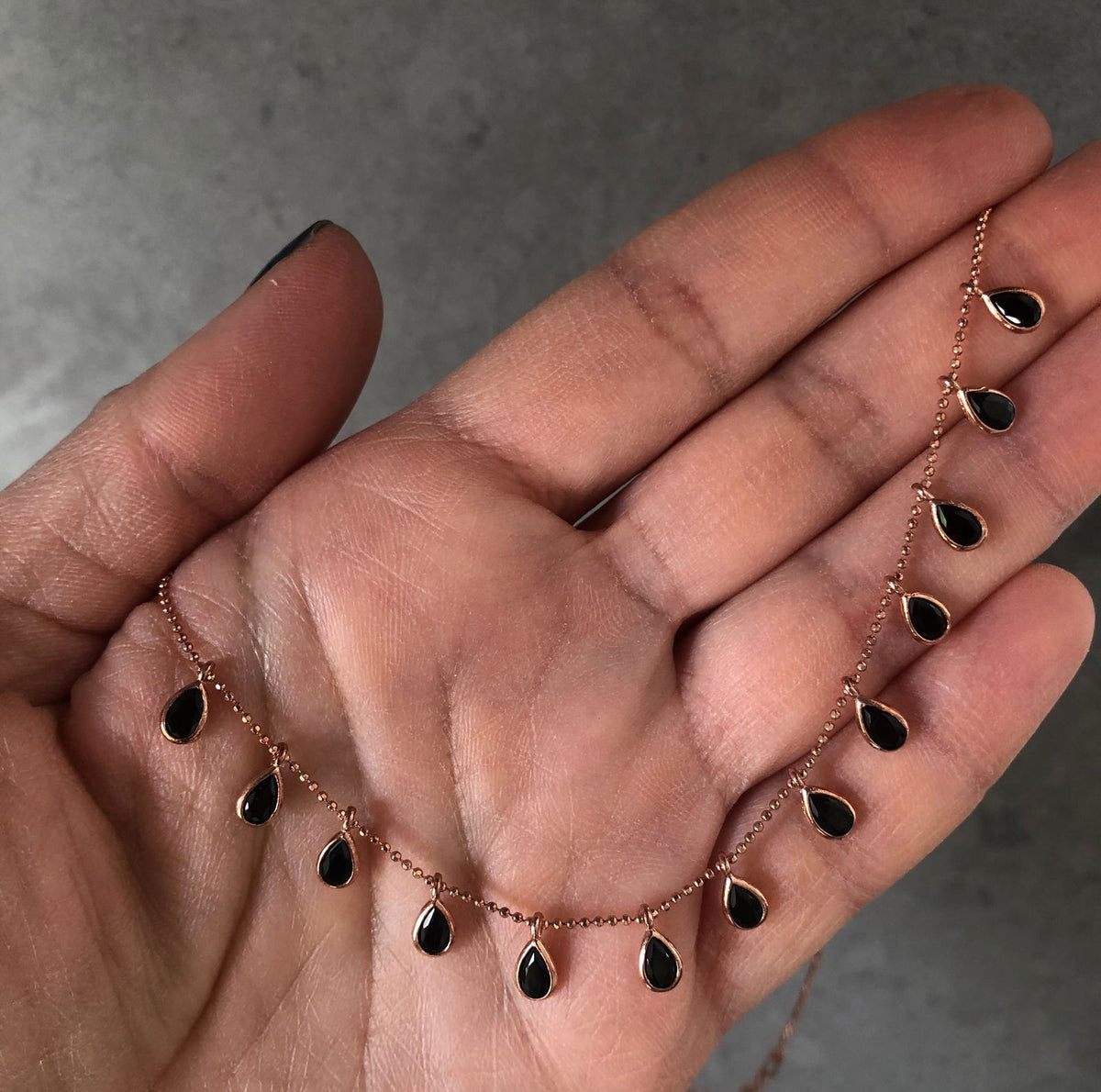 45cm Chain Necklace with Droplet Stones Black Rose Gold Plated Silver Droplet