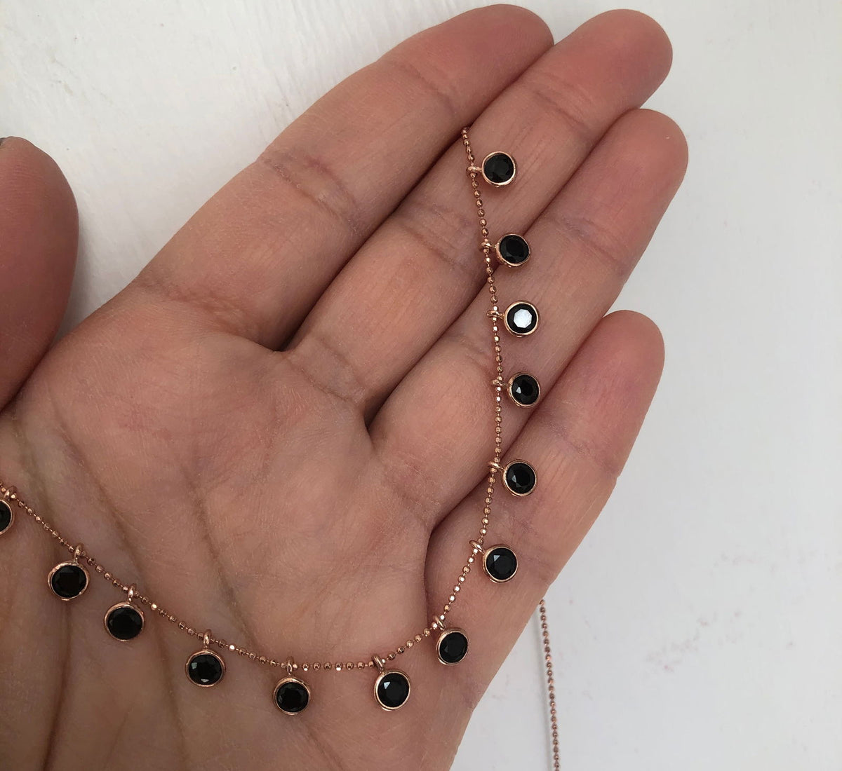 45cm Chain Necklace with Droplet Stones Black Rose Gold Plated Silver Round