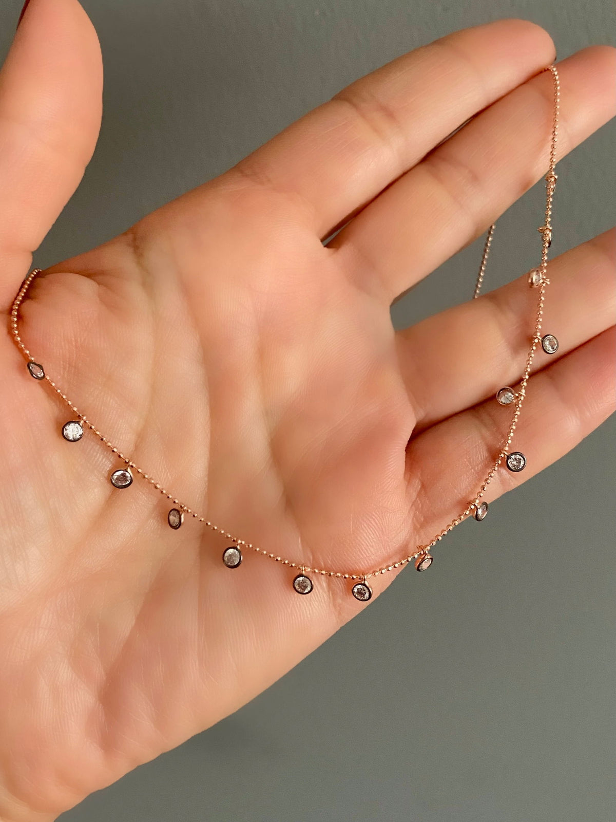 45cm Chain Necklace with Droplet Stones Clear Stones -Small drops Rose Gold Plated Silver Round