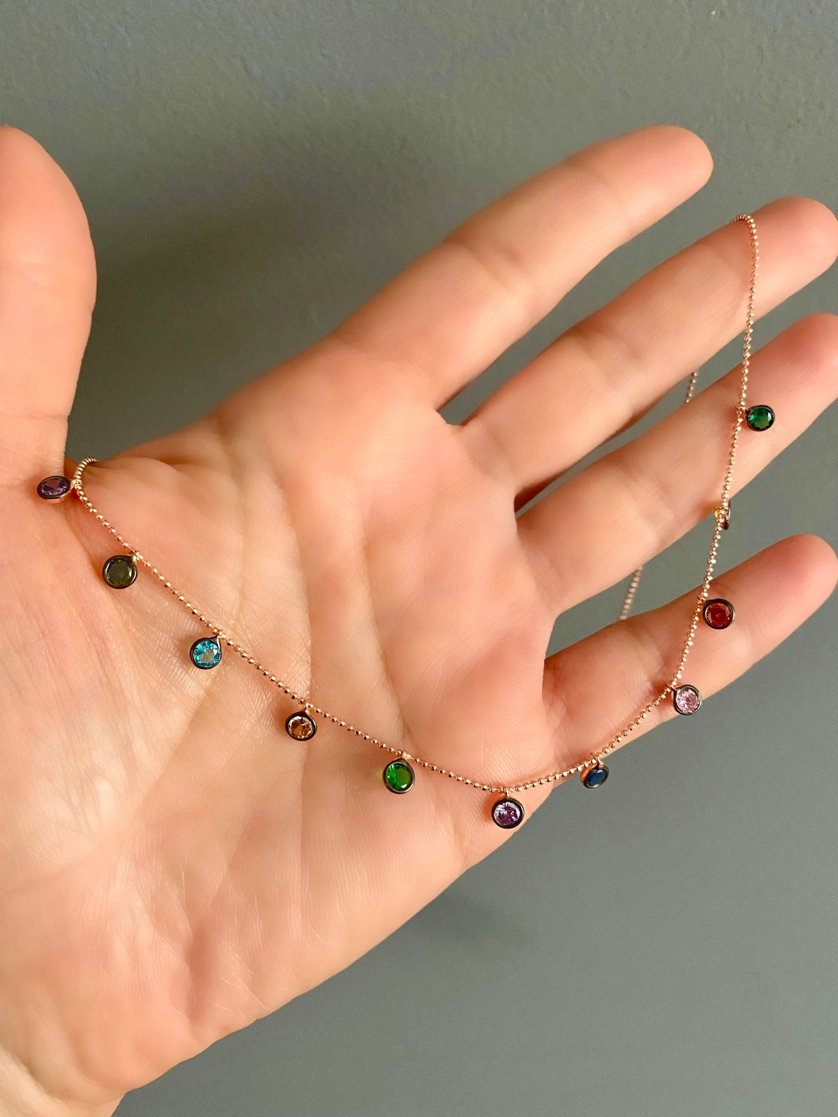 45cm Chain Necklace with Droplet Stones Rainbow Stones -Large drops Rose Gold Plated Silver Round
