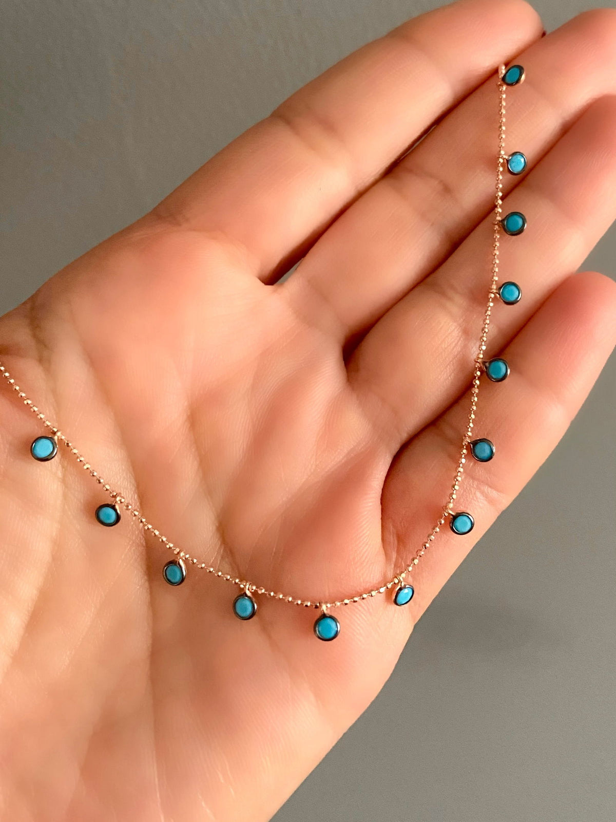 45cm Chain Necklace with Droplet Stones Turquoise -Small drops Rose Gold Plated Silver Round