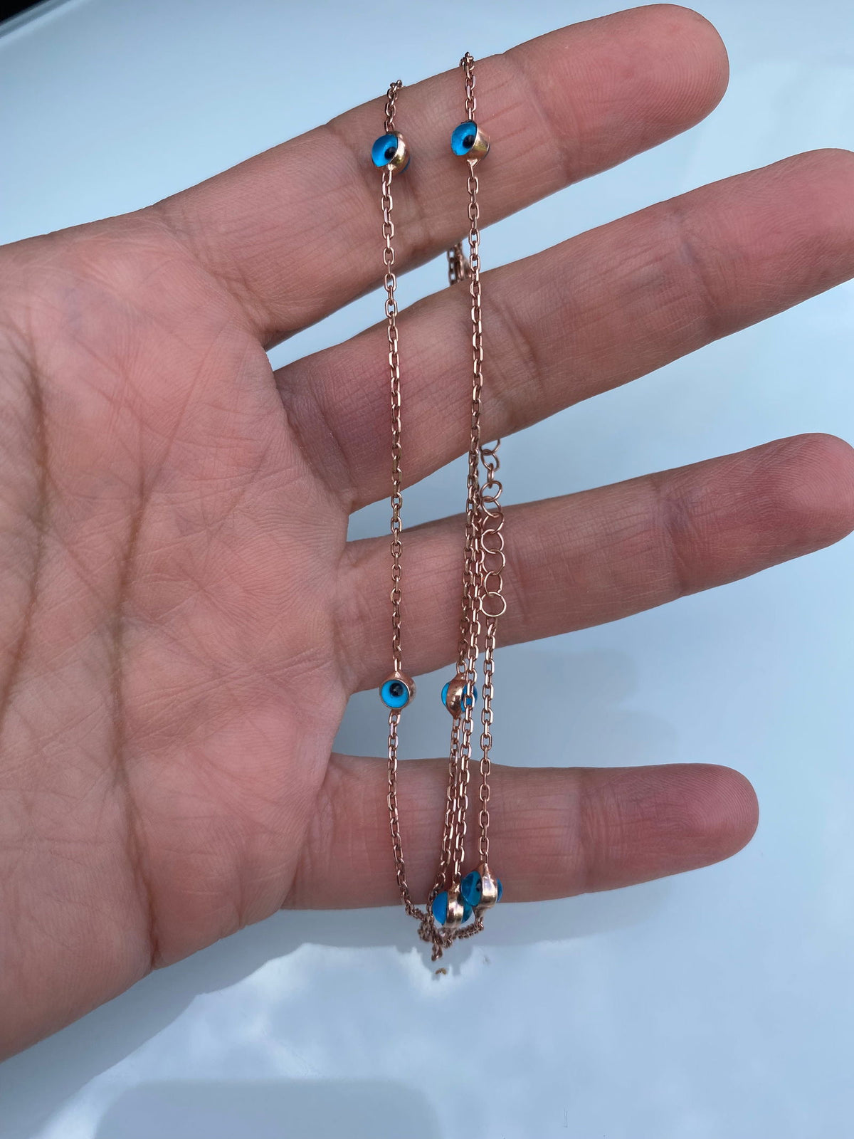 45cm Chain Necklace with Droplet Stones With evil eye beads rose gold plated silver Round