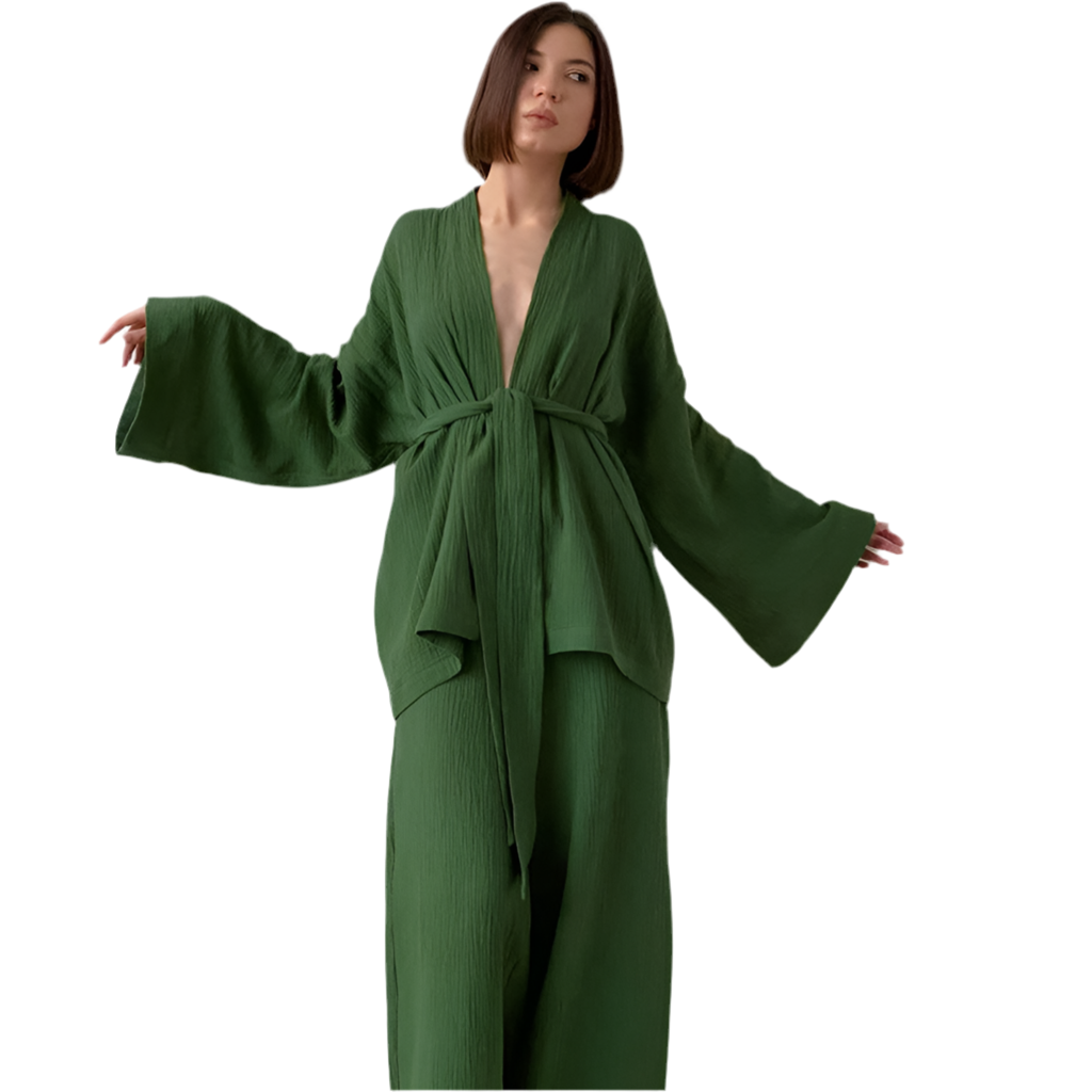 Long Kimono Blazer Tied Top Wide Leg Trouser Top Co-ord Set