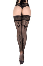 Ballerina Gold Elixir Grey Lace Top Hold Ups with Intricate Pattern