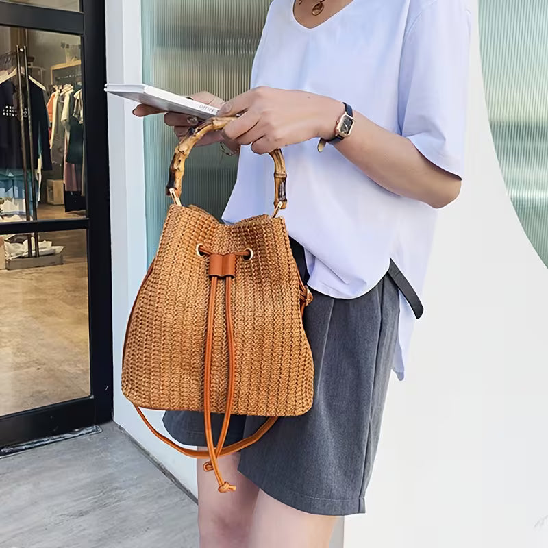 Vintage Raffia Woven Bucket Bag with Round Wooden Handle — Women's Summer Handbag – alternate view 3
