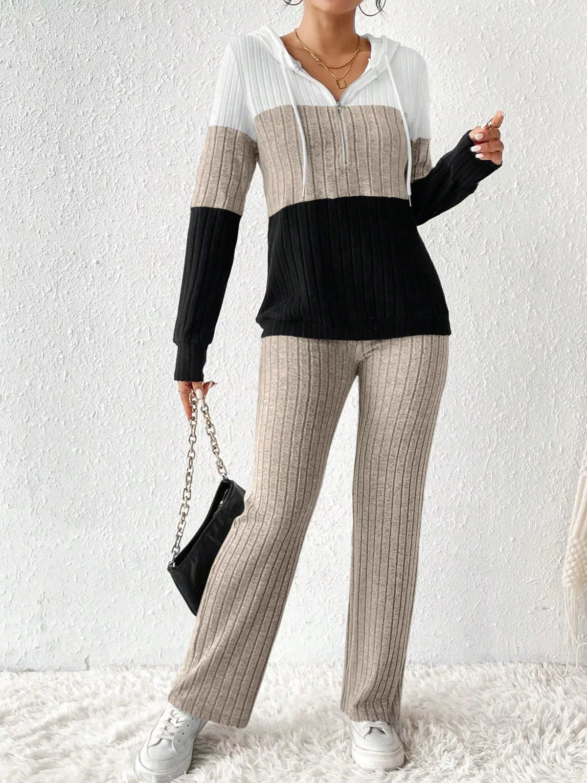 Color Block Half Zip Hooded Top and Pants Loungewear Set