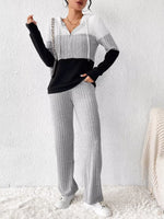 Color Block Half Zip Hooded Top and Pants Loungewear Set Light Gray