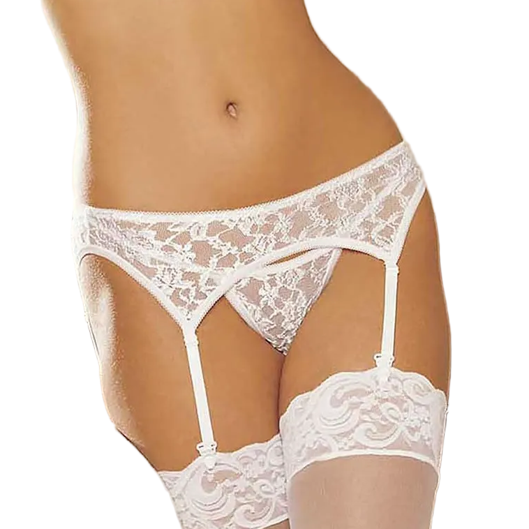 Shirley of Hollywood Pretty Lace Garter Belt G-string Set White One Size