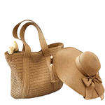 Beige Raffia Beach Bag & Straw Hat Set with Tassel & Bow — 2-Piece Woven Summer Set for Women