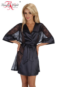 Beauty Night Stephanie Satin & Lace Robe & Thong Set in Black