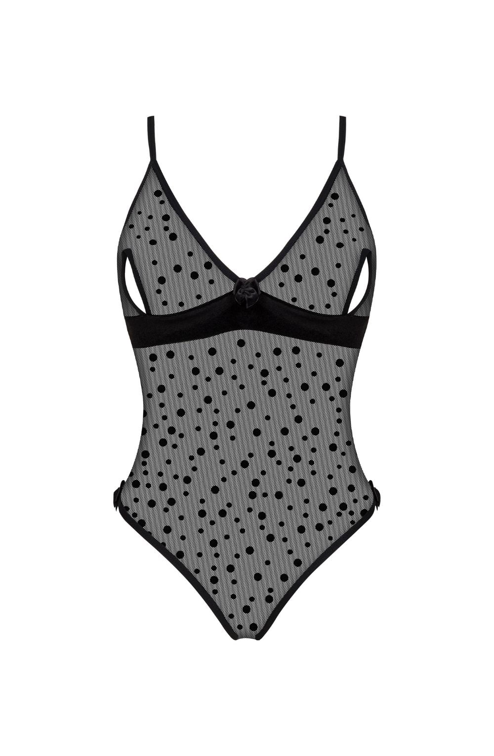 Beauty Night Amalia Transparent Mesh Dot Bust Cutout Bow Teddy Black