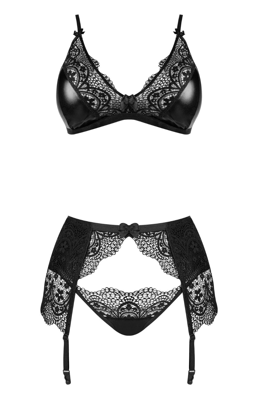 Beauty Night Obsidian Desire Lace Wet Look 3 Piece Bra, Garter Belt & Thong Lingerie Set in Black