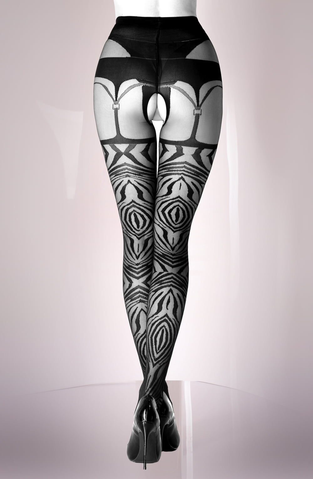 Black Secret Tiger Striped Pattern Black Crotchless Tights