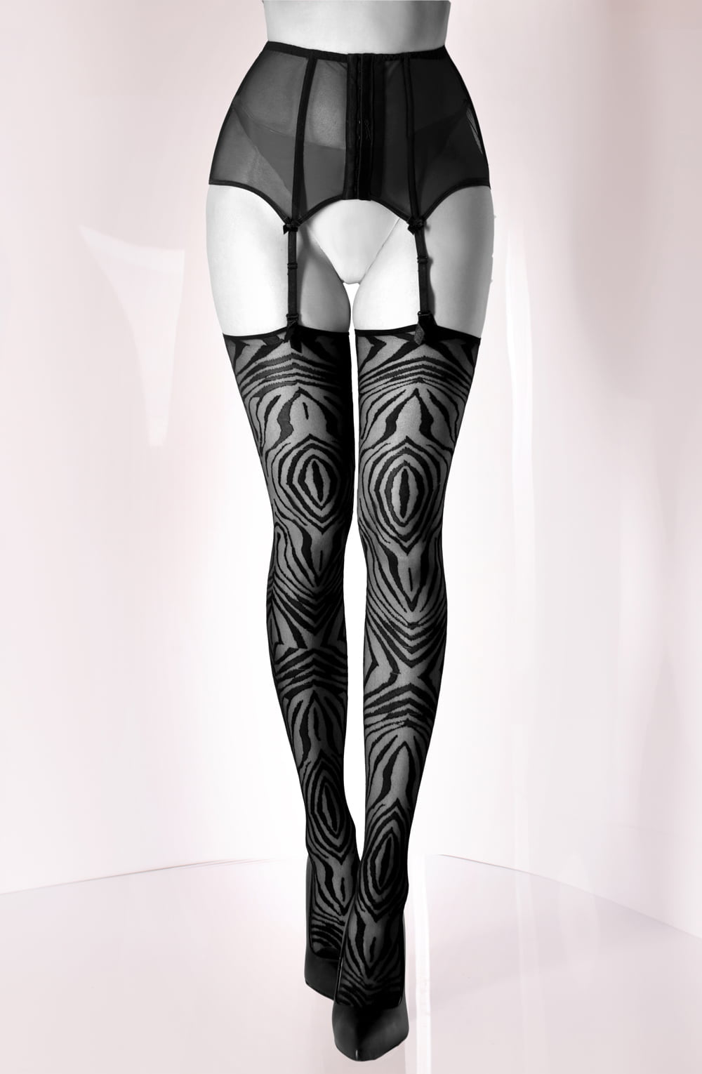 Black Secret Bold Tribal Pattern Stockings in Sheer Black