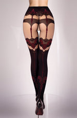 Black Secret Black Crotchless Tights with Bordeaux Detail and Faux Suspender Straps