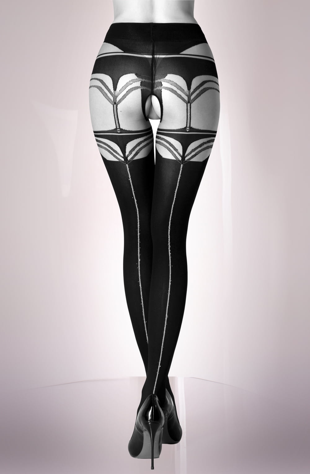 Black Secret Faux Brief Black & Skin Crotchless Tights