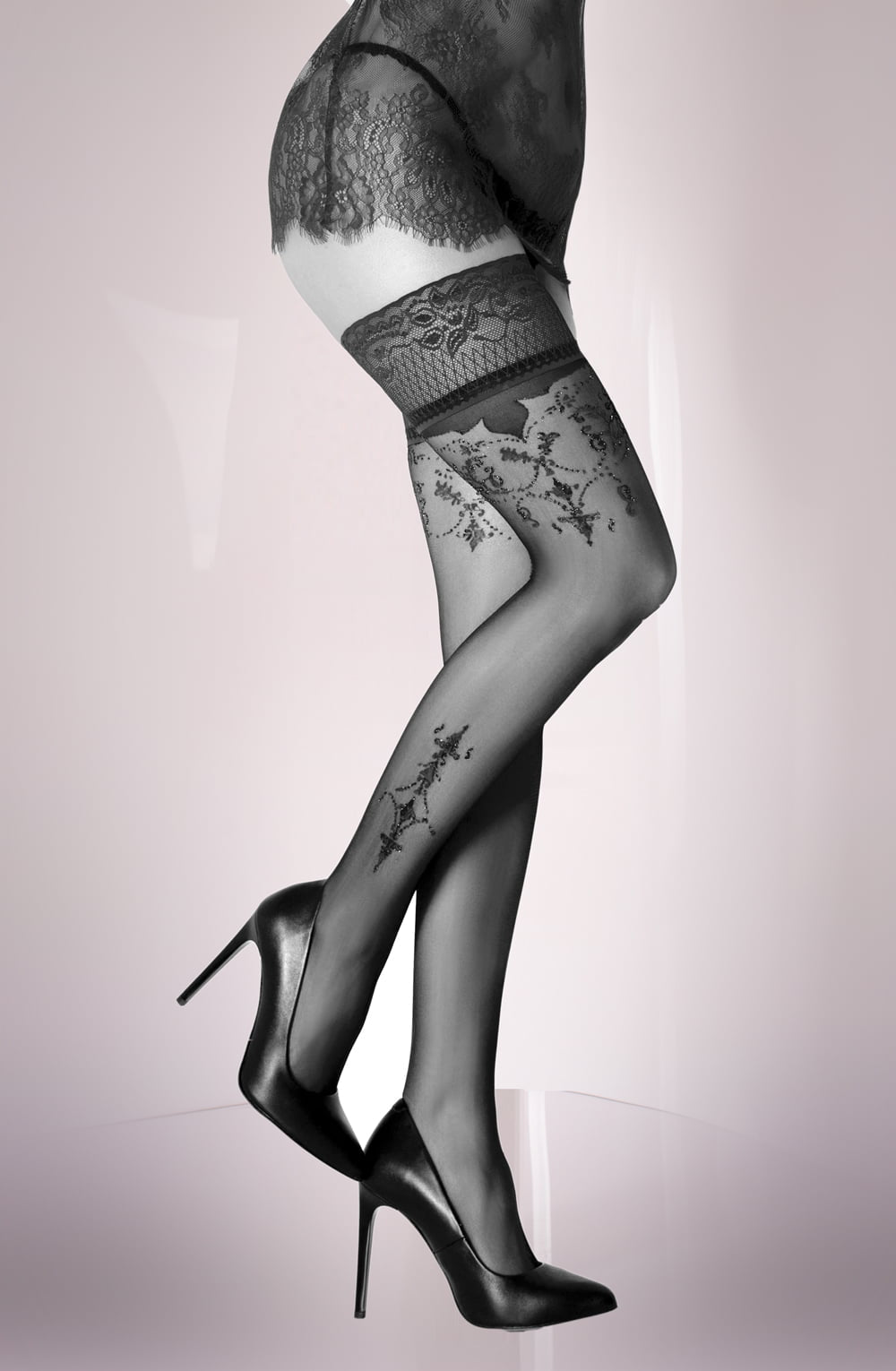 Black Secret Sheer Black Hold Ups with Bordeaux Red Lace Tops & Red Detail