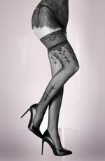 Black Secret Sheer Black Hold Ups with Bordeaux Red Lace Tops & Red Detail