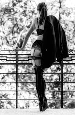 Black Secret Crotchless Tights Centre Seam Faux Suspender Belt & Straps Black & Natural