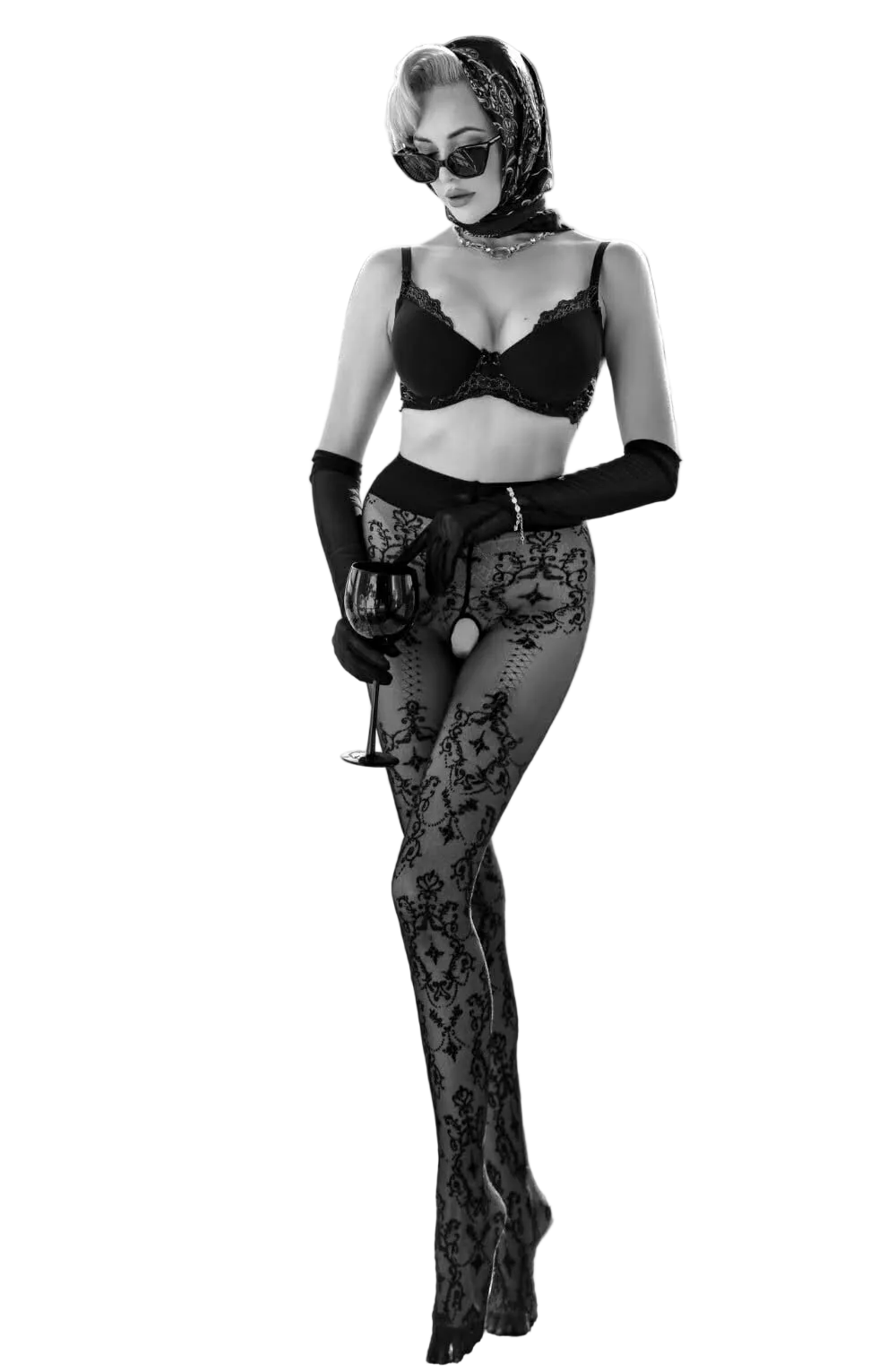 Black Secret All Over Pattern Sheer Black Crotchless Tights