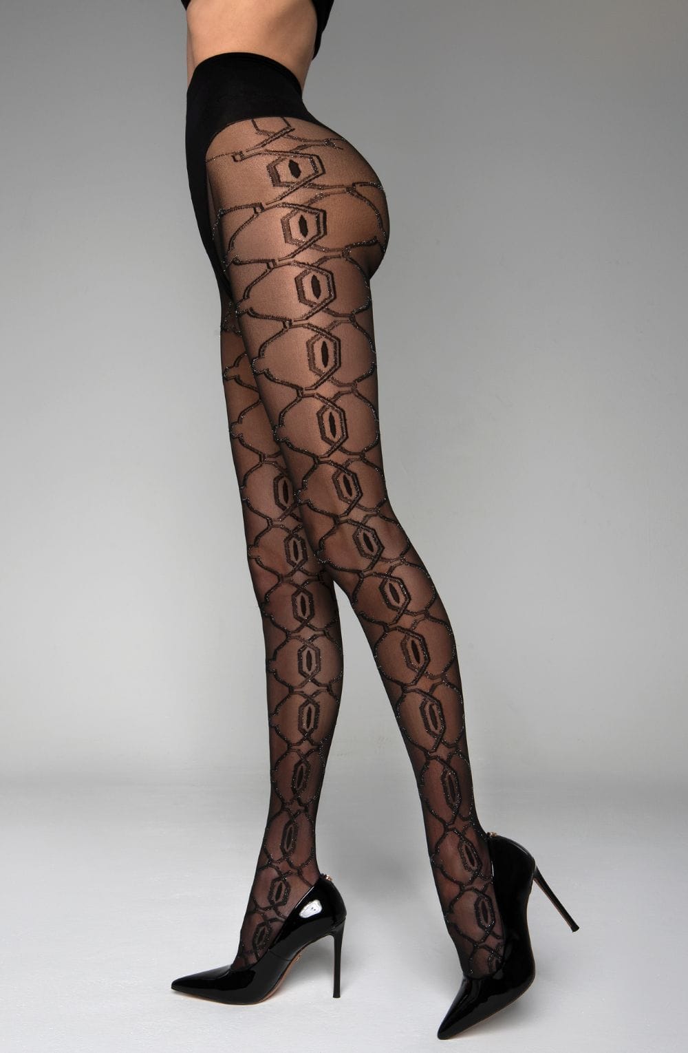 Black Secret Sheer Black Geometric Pattern Crotchless Tights with Lurex