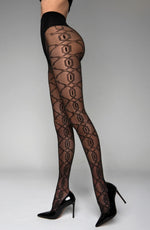 Black Secret Sheer Black Geometric Pattern Crotchless Tights with Lurex