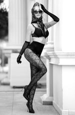 Black Secret Sheer Black Geometric Pattern Crotchless Tights with Lurex