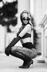 Black Secret Sheer Black Geometric Pattern Crotchless Tights with Lurex