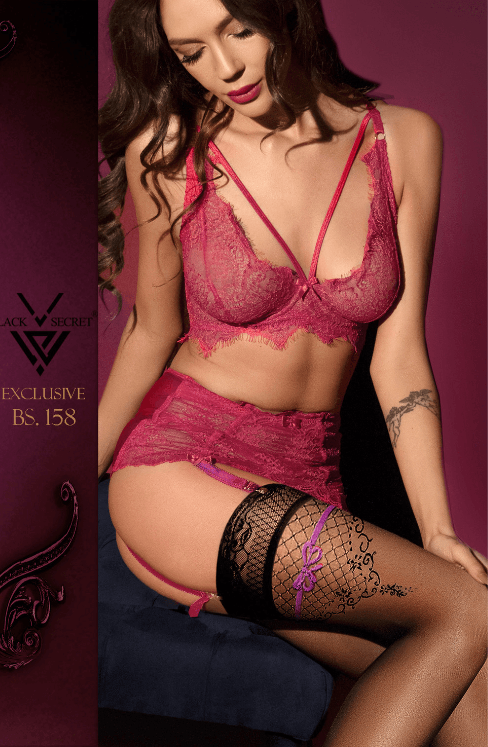 Black Secret Lace Top Hold Ups Sheer Black & Playful Pink Bow Detail